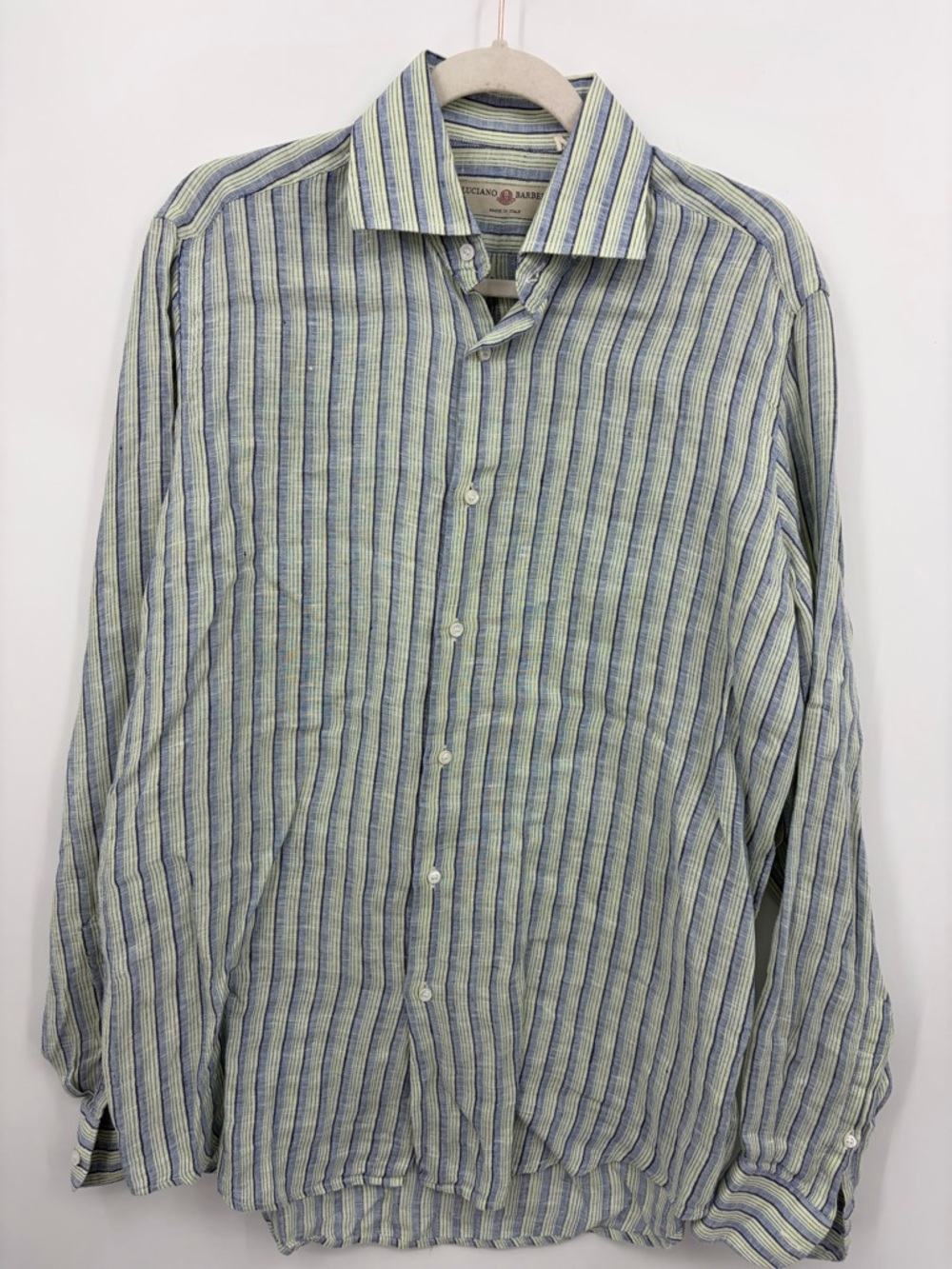 Luciano Barbera striped linen shirt collar long sleeves button-down green blue M